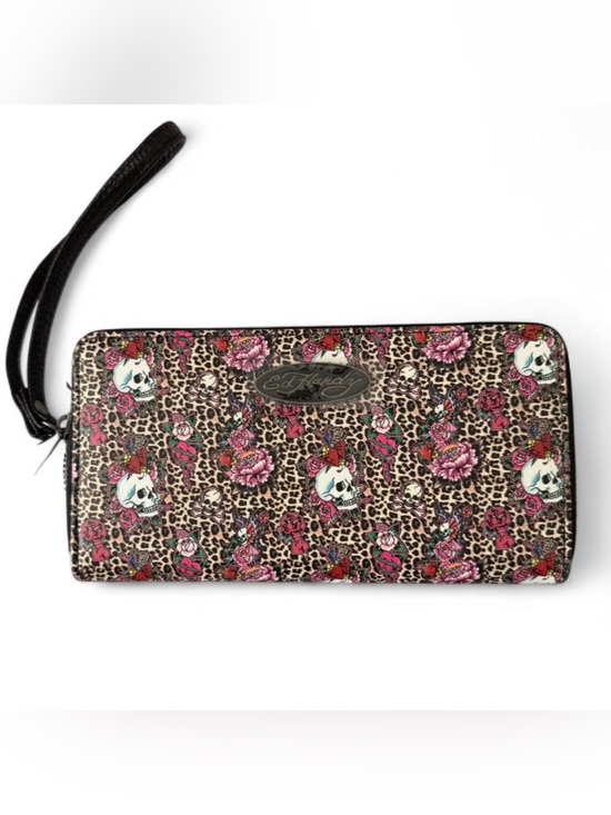 Ed Hardy Handbags - Ed Hardy Leopard Skull Floral Wristlet - Pink, Black & Brown